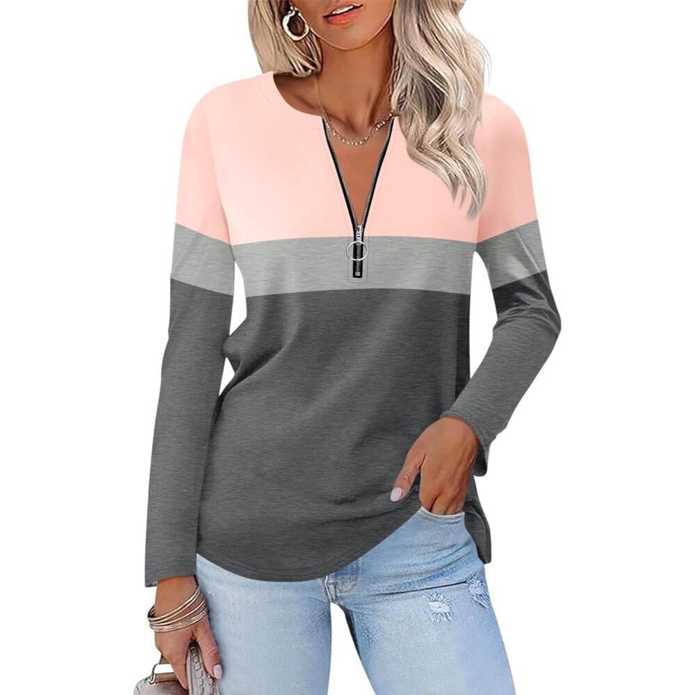 Women's Long Sleeve Zipper Color Block V Neck Tunic Top Casual Dressy